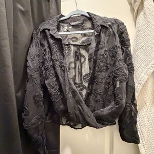 Zara Black Long Sleeve Top with Floral Details